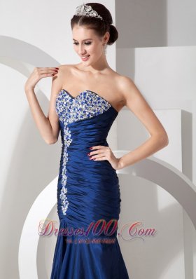 Formal Modern Navy Blue Mermaid Prom Pageant Dress with Ruch Beading