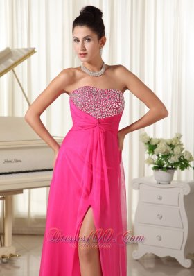 High Slit Strapless Beaded Hot Pink Prom Dress