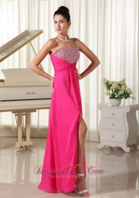 High Slit Strapless Beaded Hot Pink Prom Dress