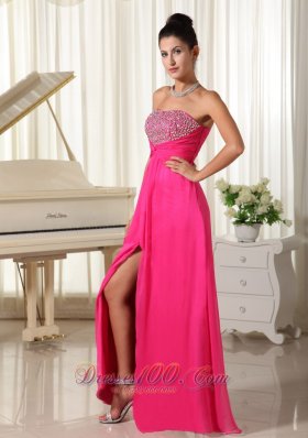 High Slit Strapless Beaded Hot Pink Prom Dress