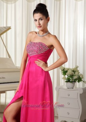 High Slit Strapless Beaded Hot Pink Prom Dress