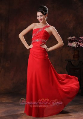 One Shoulder Red Chiffon Prom Evening Dress Beaded Decorate