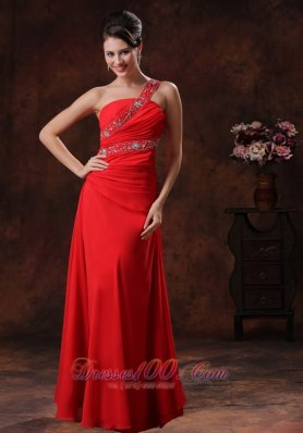 One Shoulder Red Chiffon Prom Evening Dress Beaded Decorate