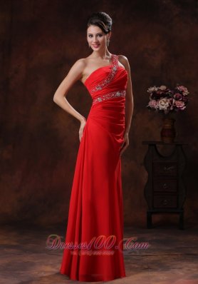 One Shoulder Red Chiffon Prom Evening Dress Beaded Decorate