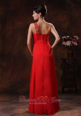 One Shoulder Red Chiffon Prom Evening Dress Beaded Decorate