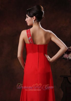 One Shoulder Red Chiffon Prom Evening Dress Beaded Decorate