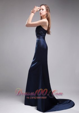 Column Strapless Satin Beading Navy Blue Evening Dress