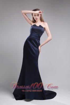 Column Strapless Satin Beading Navy Blue Evening Dress