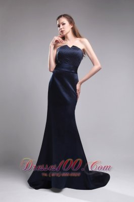 Column Strapless Satin Beading Navy Blue Evening Dress