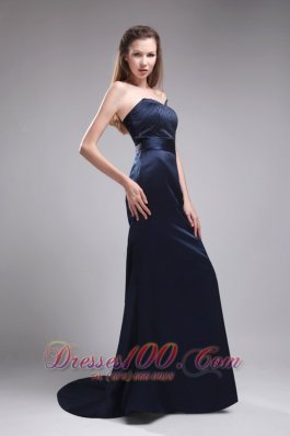 Column Strapless Satin Beading Navy Blue Evening Dress