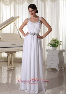 Beaded Straps Waist White Evening Chiffon Empire Prom Dress