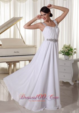 Beaded Straps Waist White Evening Chiffon Empire Prom Dress