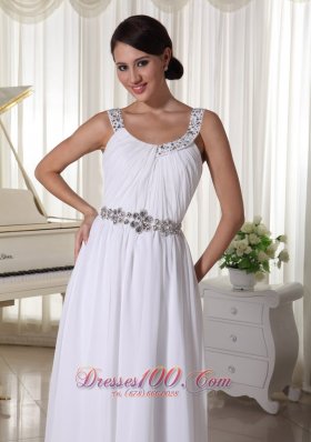 Beaded Straps Waist White Evening Chiffon Empire Prom Dress