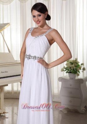 Beaded Straps Waist White Evening Chiffon Empire Prom Dress