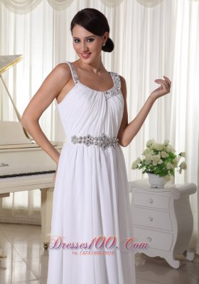 Beaded Straps Waist White Evening Chiffon Empire Prom Dress