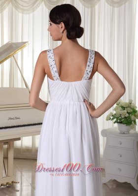 Beaded Straps Waist White Evening Chiffon Empire Prom Dress