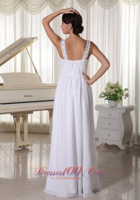 Beaded Straps Waist White Evening Chiffon Empire Prom Dress