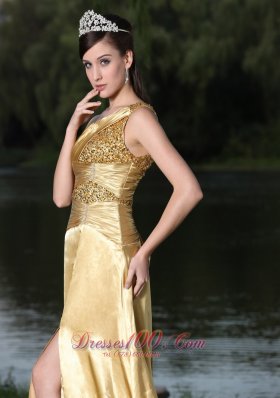 High Slit Gold Party Prom Celebrity Dress One Shoulder Beaded