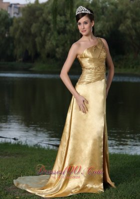 High Slit Gold Party Prom Celebrity Dress One Shoulder Beaded