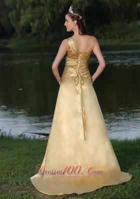 High Slit Gold Party Prom Celebrity Dress One Shoulder Beaded