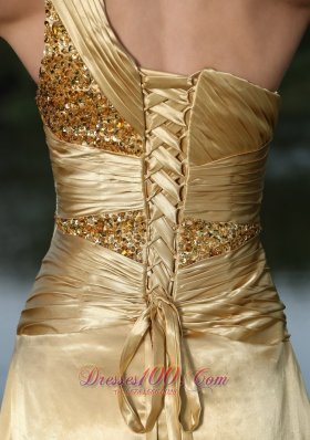 High Slit Gold Party Prom Celebrity Dress One Shoulder Beaded