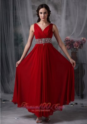 Custom Red Empire V-neck Chiffon Prom Evening Dress