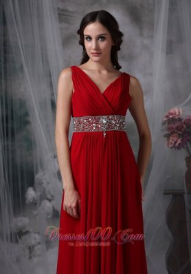 Custom Red Empire V-neck Chiffon Prom Evening Dress