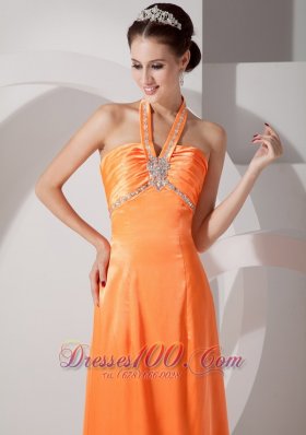 Orange Red Column Halter Evening Dress Satin Beading Ruch