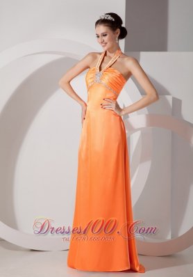 Orange Red Column Halter Evening Dress Satin Beading Ruch