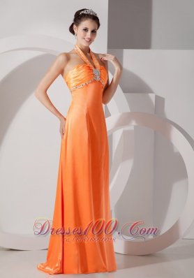 Orange Red Column Halter Evening Dress Satin Beading Ruch