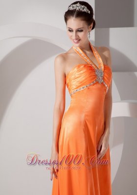 Orange Red Column Halter Evening Dress Satin Beading Ruch