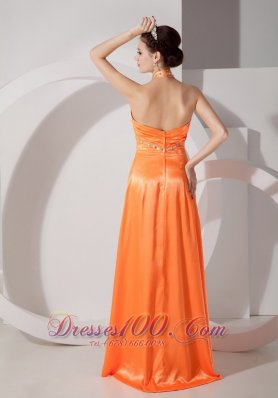 Orange Red Column Halter Evening Dress Satin Beading Ruch