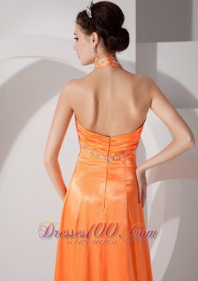 Orange Red Column Halter Evening Dress Satin Beading Ruch