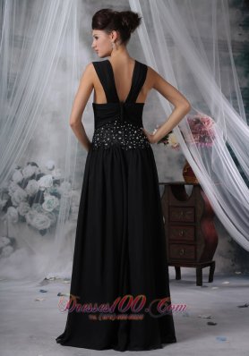 Beaded Wasit Black Chiffon Floor-length Cocktail Maxi Dress