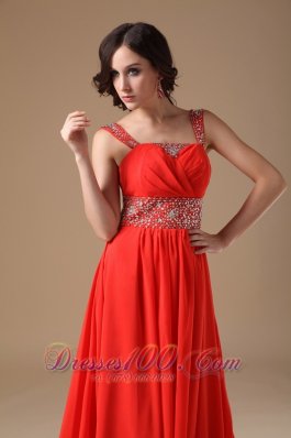 Red Evening Dress A-line Straps Chiffon Beading Court Train