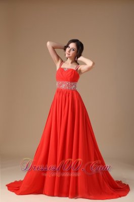 Red Evening Dress A-line Straps Chiffon Beading Court Train