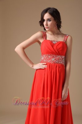 Red Evening Dress A-line Straps Chiffon Beading Court Train