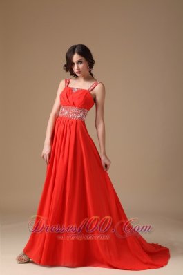 Red Evening Dress A-line Straps Chiffon Beading Court Train