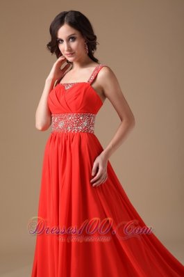 Red Evening Dress A-line Straps Chiffon Beading Court Train