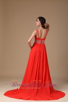 Red Evening Dress A-line Straps Chiffon Beading Court Train