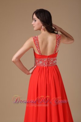 Red Evening Dress A-line Straps Chiffon Beading Court Train