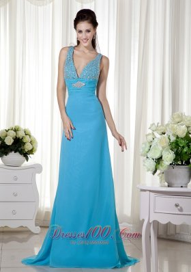 Baby Blue Column Prom Evening Celebrity Dress Chiffon Beading