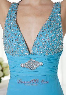 Baby Blue Column Prom Evening Celebrity Dress Chiffon Beading