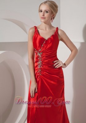 Pretty Red Evening Dress Column Straps Satin Beading