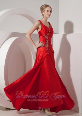 Pretty Red Evening Dress Column Straps Satin Beading