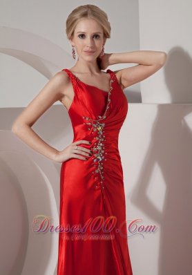 Pretty Red Evening Dress Column Straps Satin Beading