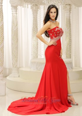 Slit Sweetheart Celebrity Evening Dress Appliques Beading