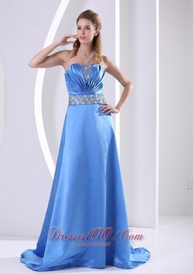 Sky Blue Prom Evening Dress Beading Ruch Sweep Train