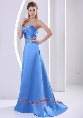 Sky Blue Prom Evening Dress Beading Ruch Sweep Train