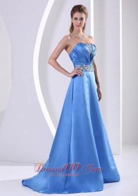 Sky Blue Prom Evening Dress Beading Ruch Sweep Train